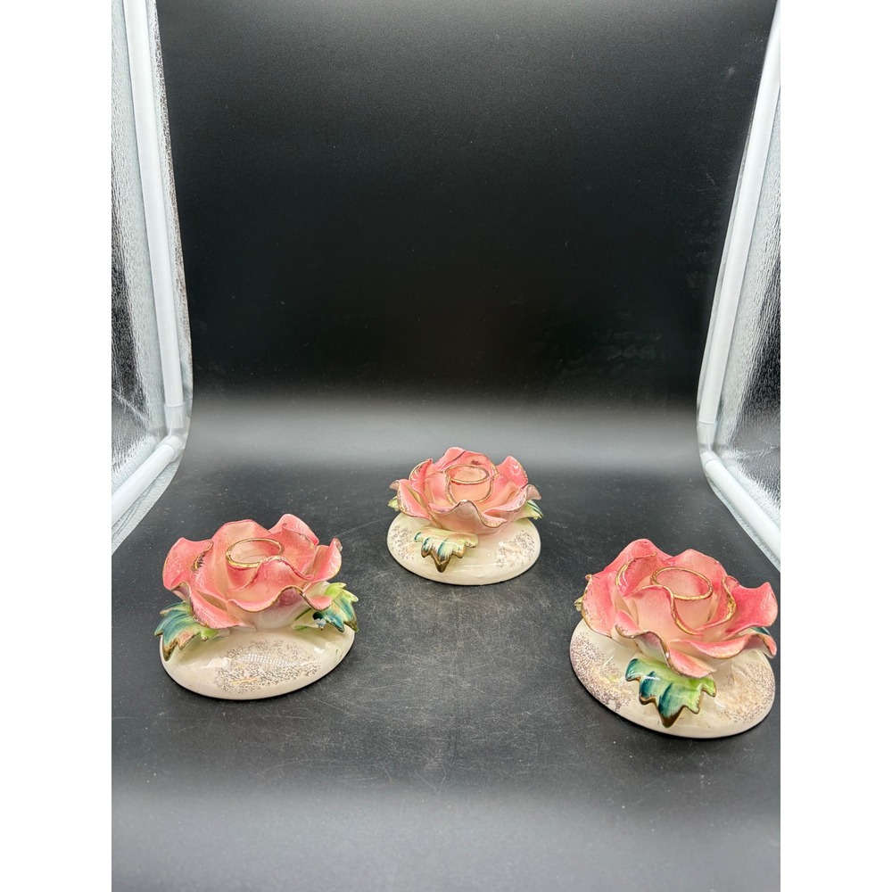 Vintage Commodore Japan Pink Rose Porcelain Candle Holders Set of 3